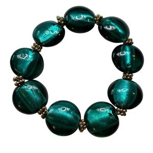 Vintage Glass Bead Stretch Bracelet Blue Green Chunky Silver Tone Beads